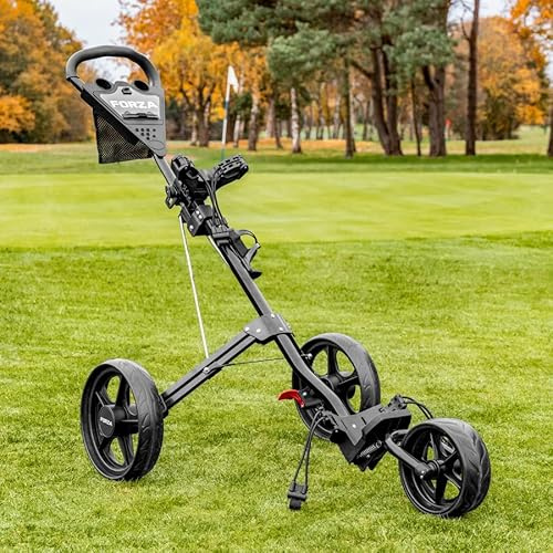 FORZA Carrito de golf de 3 ruedas, carrito de empuje de aluminio ligero con mango ergonómico, freno de pie y diseño plegable, transporte compacto de bolsa de golf, soporte opcional para paraguas
