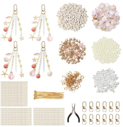 796 Stück DIY Schlüsselanhänger Selber Machen Set Taschenanhänger Bastelset | mit Charms, Perlen, Schlüsselanhänger Clips, Verlängerungsketten, Biegeringen, Ösenstifte, Schmuckzange, als Geschenk, Weiß