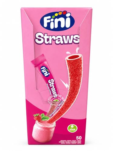 FINI Shooter Fraise – Pailles Bonbons Acidulées Goût Fraise – 50 Unités Individuellement Emballées de 25 g – Boîte Présentoir de 1,25 kg