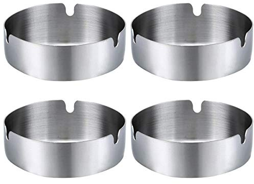 Milcraft Round Stainless Steel Cigarette Cigar Ashtray Set - Pack of 4 Deluxe Ashtrays for Outdoors and Home