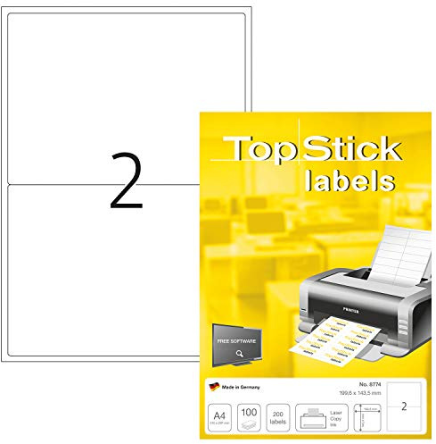 TopStick 8774 Universal Etiketten, 100 Blatt, 199,6 x 143,5 mm, 2 pro A4 Bogen, 200 Stück, selbstklebend, bedruckbar, matt, blanko Papier Klebeetiketten Aufkleber, weiß