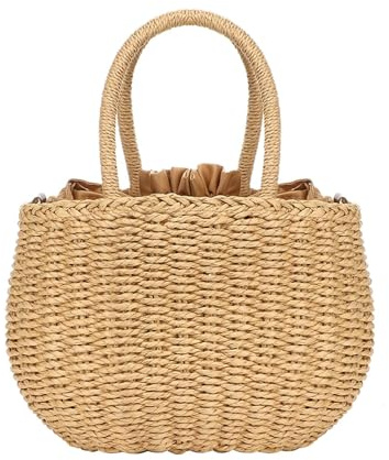 Straw Bags for Women, Hand-woven Straw Small Hobo Bag Round Handle Ring Tote Retro Summer Beach Rattan bag (Brown)