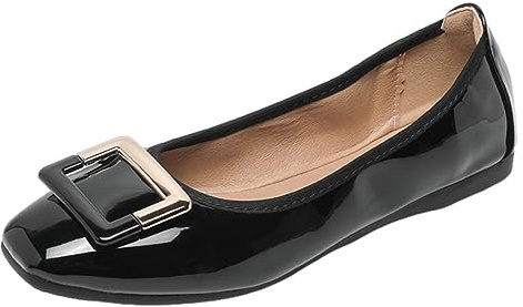 ANUFER Damen Weich Ballerinas Quadratische Zehenpartie Slip-On Wanderschuhe Lack Schwarz DX2830 EU39