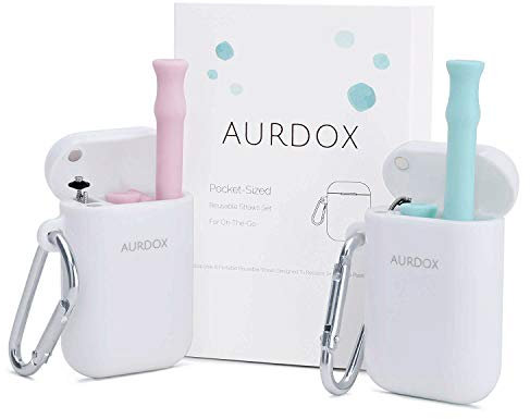 Original Silicone Collapsible Straw- Folding, Reusable, and Portable Straws for Travel - Extra Long 10 Portable Straws 2 Pack for 30&20 oz Tumbler, Includes Cleaning Brush and Carrying Case by Aurdox