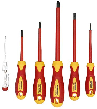Ferrestock FSKDES106E set de 6 destornilladores con mango y vástago aislado (VDE) bajo la norma IEC 60900, fabricado en aleación de acero de alta calidad, hasta 1000V, incluye un buscapolos de 140mm