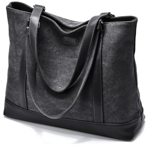 Barsine Canvas Laptop Tragetasche Arbeitstasche für Damen mit 15,6 Zoll Computerfach Taschen, Schwarz, Large