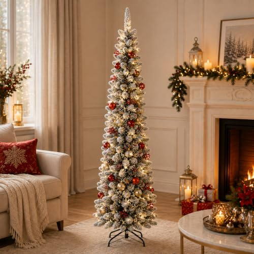Maury's Albero di Natale Artificiale Extra Slim Innevato Sintetico 180cm Realistico con 479 Rami Folto Effetto Realistico Decorazione Natalizia