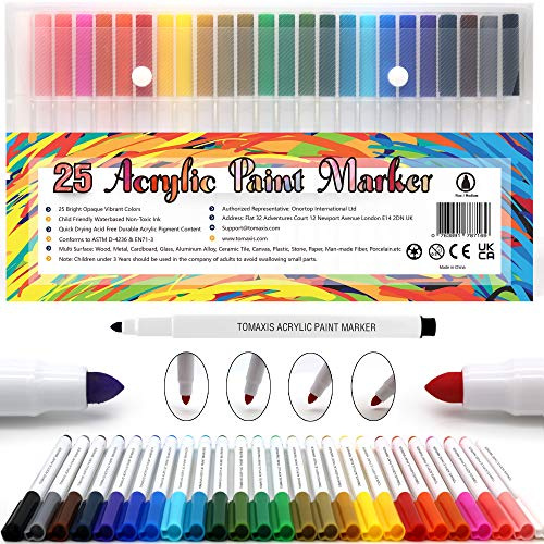 Tomaxis Acrylic PaintPens，Paint Marker Pens Set of 25 Colors，Acrylic Markers for DIY Fabric, Canvas, Rock, Glass, Wood, Gift Card, Pebbles Painting Pens for Kids and Adults, Christmas Art Supply