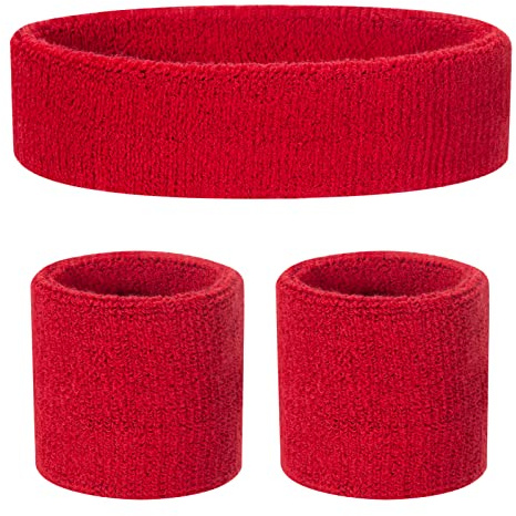 ONUPGO Barn svettband pannband armband set – atletisk bomull svettband för sport (1 pannband + 2 armband) (röd)