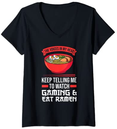 Damen Die Stimmen in meiner Uhr Gaming & Eat Ramen Gamer T-Shirt mit V-Ausschnitt