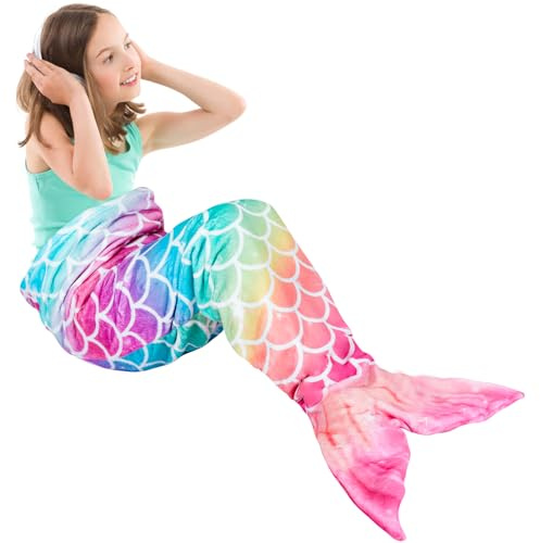 WERNNSAI Meerjungfrauen Schwanzdecke–Weiche Meerjungfrau Decke für Mädchen | Fischschwanzdecke im Meerjungfrau Design, Bequeme Freizeitdecke, Geburtstag & Weihnachten,140x60cm,Regenbogenfarben