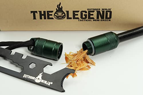 Outdoor Ninja Feuerstahl The Legend Tactical Mini grün mit Zunderfach und Multifunktionskratzer Ultraleicht und robust für Bushcraft Wandern Trekking Camping und Survival