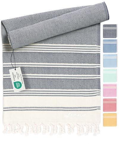 Fit-Flip Hamam handduk – fouta strandhandduk XXL av 100% bomull – snabbtorkande strandlakan, fouta, turkisk peshtemal handduk perfekt som hamam bastuhandduk och sarong - Mörkblå - 100x200cm Diamond