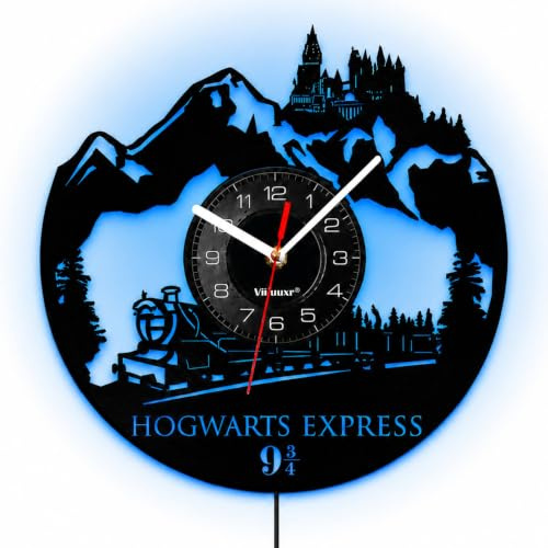 Viiluuxr Ausgefallene LED-Fantasy-Wanduhr 30 cm, leise Vinyl-Uhr, schwarz | Schwarze LED-Wanduhr im Schallplatten-Look, 30 cm, mit Schloss- und Zugmotiv, 7 Farben per USB für Gamingzimmer