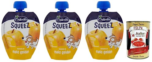 Melinda Passata di Mela Golden Squeez 100% fruta, puré de manzana dorada, fruta para exprimir, 90 g + lata italiana gourmet Polpa di Pomodoro de 400 g