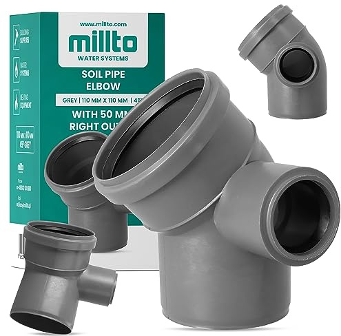 Millto™ Winkel Ablaufmuffe 110 x 110 mm 45° mit Rechtsseitiger Anschluss 50 mm Bodenrohr Abfallrohrkrümmer Einstellbar Abflussrohr Abwasserkanalisation Kunststoff PP Anschlussstück Formstücke