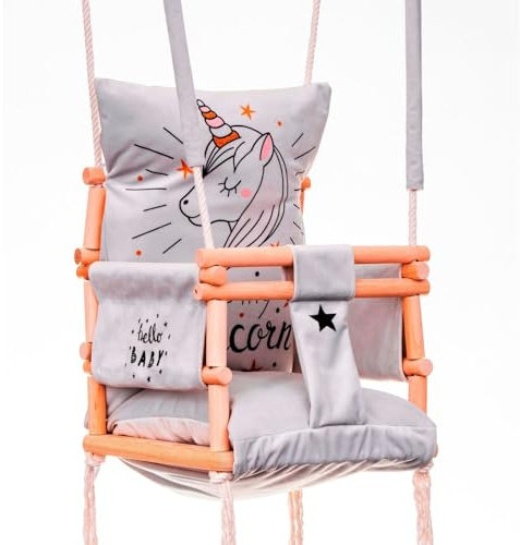 Love Gifts® Babyschaukel aus Holz hochwertig und geeignet als Indoor Schaukel, montierbar an der Decke sowie im Türrahmen, Unicorn, Made in EU