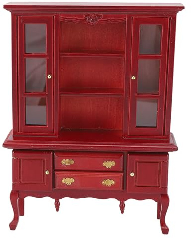Miniaturschrank aus Holz Im Maßstab 1:12, Puppenhaus-Bücherregal, Schrank mit Aufklappbarer Tür, Schublade für Zimmer, Klassischer Dreistöckiger Schrank mit Zwei Türen (Mahagoni)