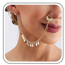 TseenYi Punk Fake Nasenring Ohr Kette Ohrringe Gold Scheibe Quaste Nasenring Reifen Kette Vintage Pailletten Fringer Nasenrings Ohr Kettes Nicht Piercing Manschette Nase Zu Ohr