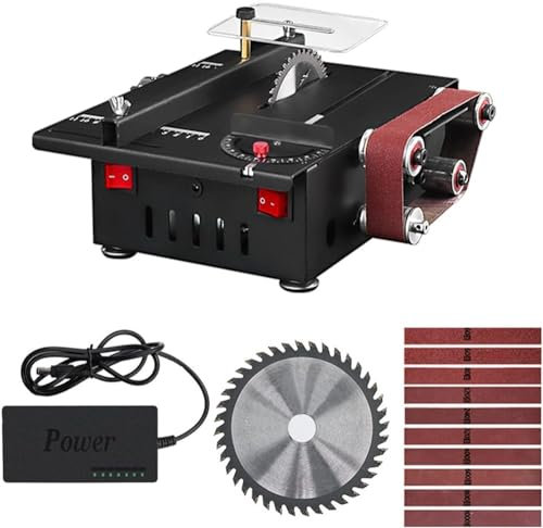 Smerigliatrice, Mini sega da banco e levigatrice a nastro da 150 W Sega circolare da tavolo a velocità variabile Profondità di taglio di 30 mm Levigatrice da banco fai-da-te con 10 nastri abrasivi for