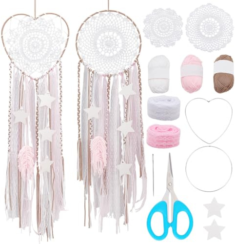 INFUNIY 2 Set Traumfänger-Häkelset, Rosa, Groß, DIY-Traumfänger-Set, Traumfänger-Sets, Basteln Sie Ihr Eigenes Traumfänger-Set Mit Anleitung Für Jugendzimmer, Wandbehang, Auto-Ornamente