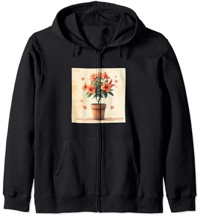 Azalea Plant In Pot Cottagecore Boho Hearts Graphic Zip Hoodie