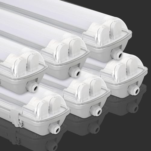 Fiqops 6 Stück Feuchtraumleuchte LED 150cm 2 X 24W 4800lm Wannenleuchte Kaltlweiß 6500K IP65 Wasserfest Feuchtraumlampe Doppelt T8 LED Röhre,Röhrenlampe Werkstattlampe für Garage Keller Büro
