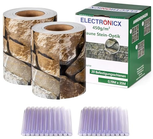 Electronicx Bandes brise-vue en PVC pour clôture de jardin - Aspect pierre marron - 70 m (2 x 35 m) x 19 cm - Qualité supérieure - 450 g/m² - Brise-vue résistant aux UV - Avec 40 clips