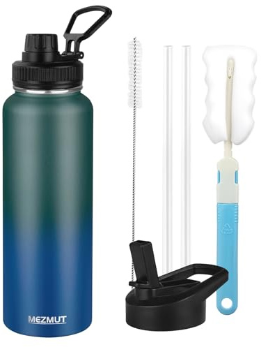 Insulated Water Bottle with Straw&2 Lids 40oz Stainless Steel Water Bottles Sports Metal Water Bottle Double Walled Vacuum Insulated Bottles Leak-Proof Travel Cup (Green Blue)