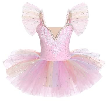 Odizli Ballerina Costume for Girls Kids Flutter Sleeve Lace Glitter Sequins Rainbow Tulle Tutu Skirt Gymnastic Leotard Outfit Swan Lake Dance Dress Skating Team Ballet Clothing Pink 3-4 Years