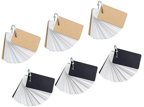 STOBOK 6pcs Portable Ring Loose-Leaf Notepads Black and White Blank Flash Cards, 90-100 Sheets Each, Refillable Memo Binder for Study and Travel