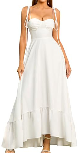 GLNEGE Women's Summer Spaghetti Strap Maxi Wedding Guest Dress Smocked Ruffle Tea Party Dresses Flowy A Line Sundress White