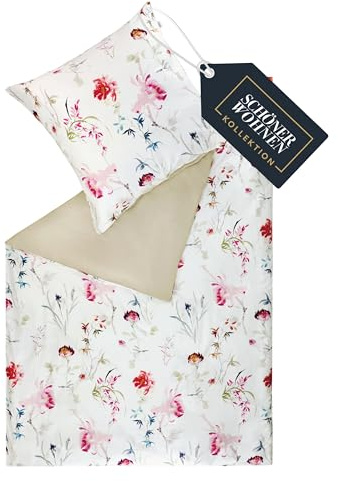 SCHÖNER WOHNEN Juego de sábanas de satén 135x200 algodón flores motivo primavera - Juego de ropa de cama de lujo 2 piezas blanco/beige - transpirable - 1x funda de edredón y 1x funda de almohada