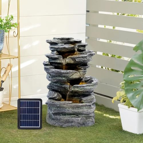 Warmiehomy Solar Water Fountain, 5 Tier Cascading Solar Water Feature, Waterfall with Solar Powered Pump and LED Lights for Outdoor, Garden Fountains and Water Features, Height 46CM, Grey