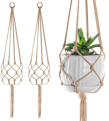 Paquete de 2 colgadores grandes de macramé para plantas para decoración de interiores y exteriores, cuerda para colgar macetas, soporte para plantas, 104 cm (marrón)