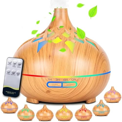MKAKYES Diffusore di Oli Essenziali, Ultrasuoni Diffusori Olio con Telecomando, Diffusore Di Aromi, Umidificatore Ambiente per Casa, Spegnimento Automatico Senza Acqua e 7 Colori LED, per Yoga,Spa