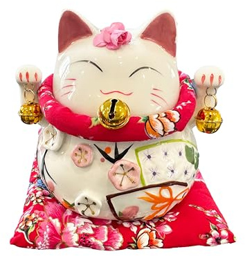 KAJILE Glückskatzen-Ornament,Maneki Neko Keramik-Dekoration,Glückskatzen-Figur für Zuhause,Büro und als Geschenk,Weiß und Rot,Länge 14cm,Breite 13,5cm,Höhe 14 cm