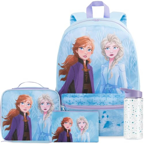 Get Trend Disney Frozen Grande Mochila Escolar Niña Set 4 Piezas, 46 cm Mochila Infantil con Botella Agua 500 ml, Estuche Escolar y Bolsa Termica Porta Alimentos para Colegio (Azul Frozen)
