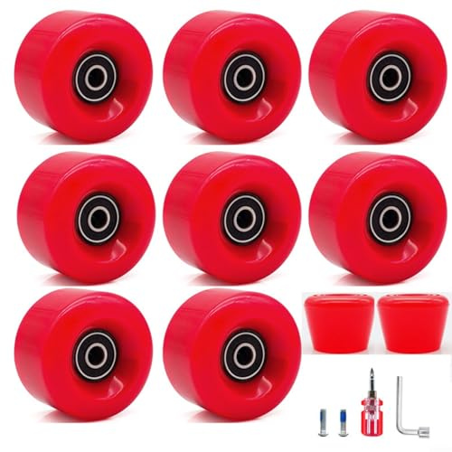 8 ruedas de patines con rodamientos y 2 topes para dedos para patines de cuatro ruedas y patinetas, ruedas de poliuretano de dureza 82A de 58 x 32 mm para uso en interiores y exteriores (rojo)
