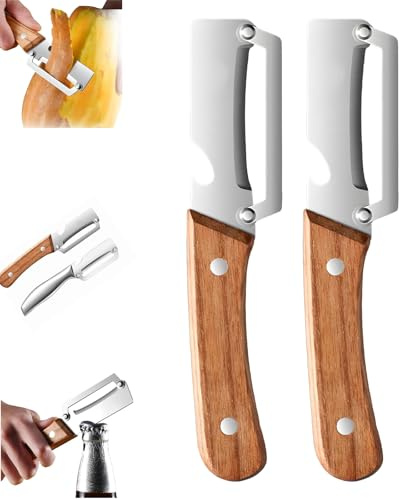 Multi-Functional Vegetable Peeler for Kitchen - Ultra Sharp Stainless Steel Blades, Julienne Vegetable Peeler with Wooden Handle and Bottle Opener, for Easy Potato, Fruit & Veggie Peeling (2, A)
