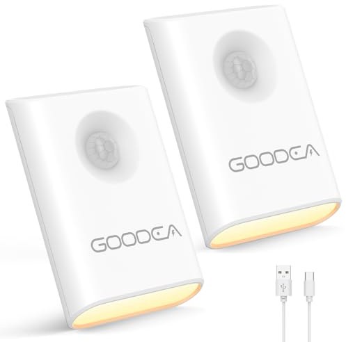 GOODEA 2 St Magnetiska Nattlampor med Rörelsedetektor, Uppladdningsbara | Dimbart Varmvitt, USB-C-Batteri Rörelseljus, Bärbar Mini LED-Nattlampa för Trappa, Badrum, Hall, Sovrum