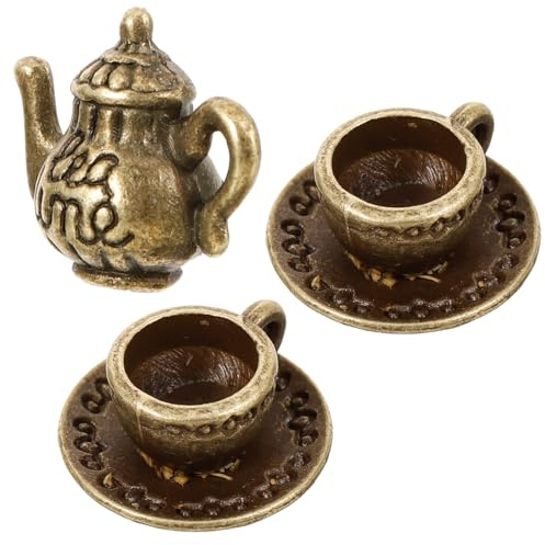 Abaodam Mini Juego de Té de Metal en Miniatura para Casa de Muñecas Pequeña Tetera y Tazas de Té en Miniatura Accesorio Decorativo para Microescenas y Colecciones Color Cobre Tamaño