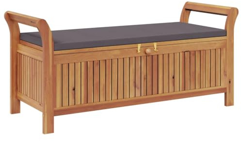 Mhdvray Akazienholz Gartenbank mit Stauraum 126x50x60 cm dunkelgraues Sitzkissen aus Polyester platzsparende Truhenbank für Balkon Terrasse und Garten