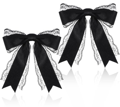Matwsec 2 Pcs Black Hair Bows, Lace Black Bows for Hair Accessories | Black Ribbon Bows, Bow Hair Clip with Long Tail for Women & Girls, Wedding, Halloween Gothic, Dress Decor, Party, Gift