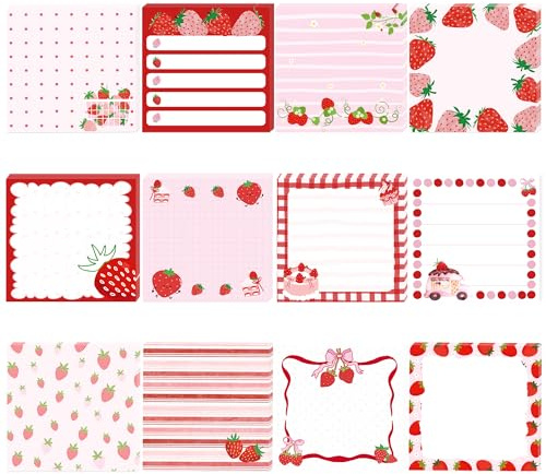 12er-Set Erdbeer-Haftnotizen, 7,5 x 7,5 cm, selbstklebend, rot-pink, mit Erdbeermotiven, ideal für To-do-Listen, Tagesplaner, Schule, Büro, Geburtstag, Weihnachten, Mädchen, Schülerinnen und Lehrerinn