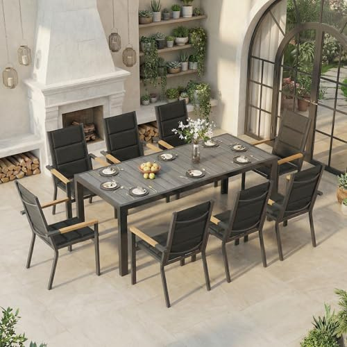 TRIUMPHKEY Gartenmöbel Set 8 Personen, Balkonmöbel mit Aluminium, 8 Stapelstühle mit Holzmaserung und 1 PS Gartentisch, Terassenmöbel Außen, Dunkelgrau