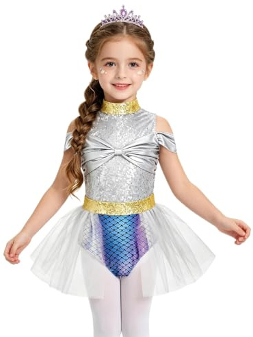 YOOJIA Flicka Unitard sjöjungfrukjol för barn glittrande ballettkläder cosplay kostym för flickor dansträning, Blå lila, 5-6 �r