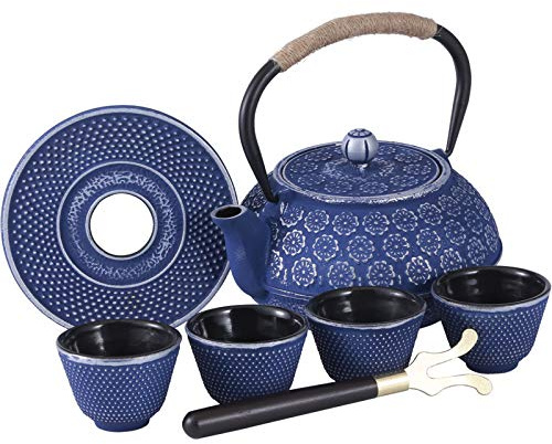 Ufine Teekannen-Set aus Gusseisen mit blauem Blumenmuster, japanischer Stil, Tetsubin-Teekessel mit 4 Tassen, Edelstahl-Teesieb für Herdplatte, 794 ml