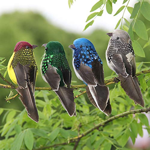 LWINGFLYER 4PCS Mixed Colors Artificial Feathered Birds 6'' Clip on Sparrow Bird Ornaments for Christmas Tree Decoration Wreath Craft Garden Home Decor Party Accessories