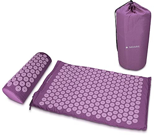 Navaris 2in1 Akupressur Massage Set - Akupressurmatte und Kissen mit Tasche - Akupressur Matte und Kopfkissen - Nadelmatte Violett